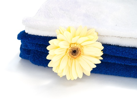 Spa towels with herbera flower isolated over whiteの写真素材