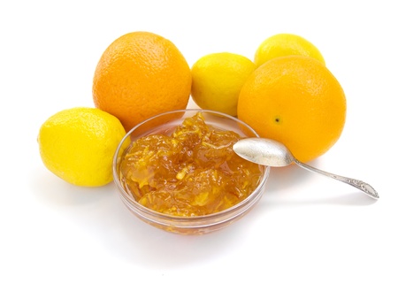 citrus jam with orange and lemon isolated over whiteの写真素材