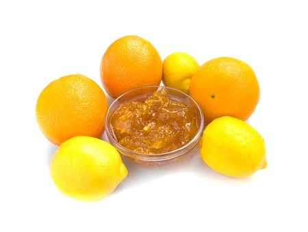 citrus jam with orange and lemon isolated over whiteの写真素材