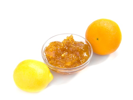 citrus jam with orange and lemon isolated over whiteの写真素材