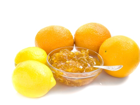 cirtus jam with orange and lemon isolated over whiteの写真素材