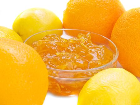 citrus jam with orange and lemon isolated over whiteの写真素材