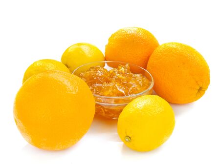 citrus jam with orange and lemon isolated over whiteの写真素材