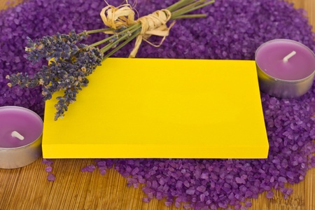 dry lavender and salt with blank note for spa advertisementの写真素材