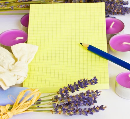 blank yellow notepad with romantic lavender frameの写真素材