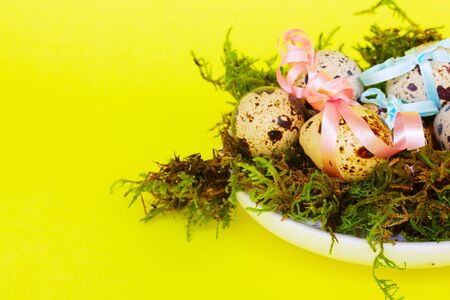 decorated easter eggs in green nest on yellow backgroundの写真素材