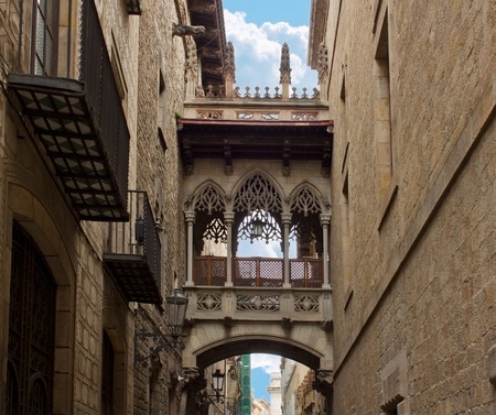 narrow street in gothic quarter, Barcelona, Spainの写真素材