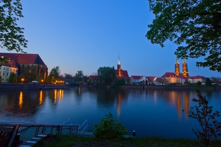 Night scene of island Tumski in Wroclaw, Polandの写真素材