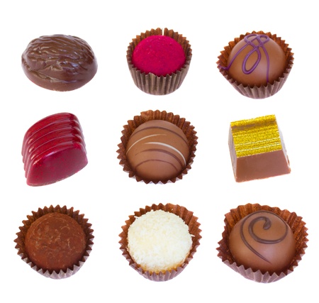 variety of chocolate pralines isolated on white backgroundの写真素材