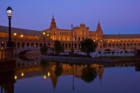 Plaza de Espana at night, Seville, Spain の写真素材