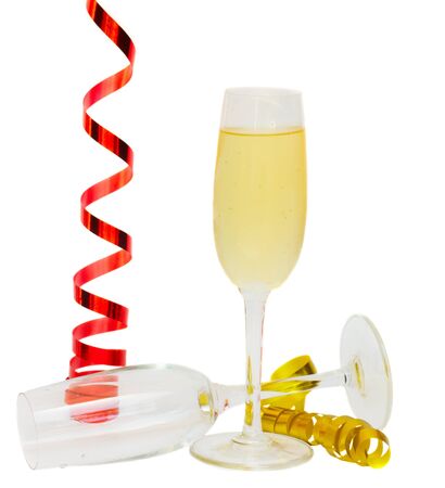 two glasses of champagne empty and full isolated on white backgroundの写真素材