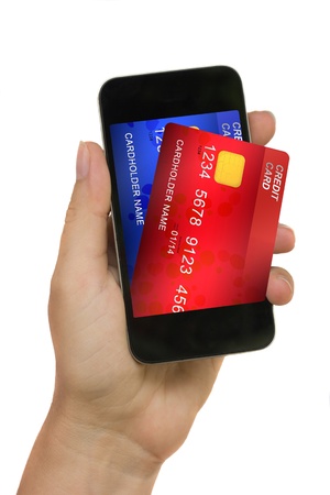 hand holding phone with credit cards on display isolated on white backgroundの写真素材