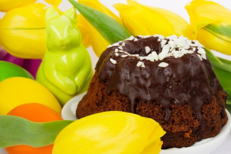 polish easter chocolate cake babka with bunny and tulips