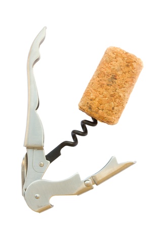 Corkscrew with wine cork isolated on white backgroundの写真素材