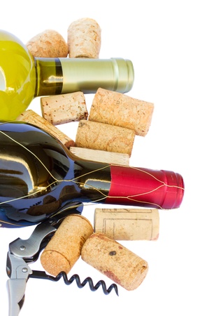 bottles of white and red wine with corks  isolated on white backgroundの写真素材