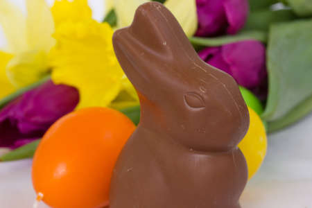 easter chocolate bunny with spring flowers and eggs backdropの写真素材
