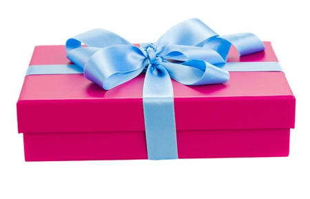 pink  gift box with blue ribbon isolated om white background