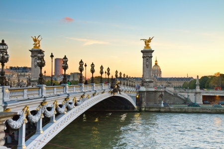 Alexandre III Bridge at sunset in  Paris, Franceの写真素材
