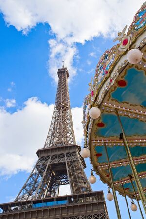 Vintage carousel at the Eiffel Tower, Paris, Franceの写真素材