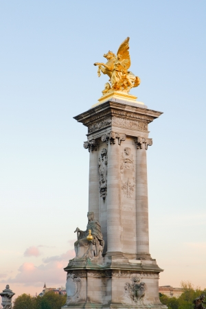 Alexandre III Bridge pillar close up at sunset in  Paris, Franceの写真素材