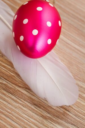 easter egg and feather on wooden tableの写真素材