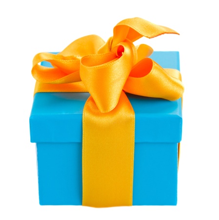 blue  gift box with yellow ribbon bow isolated om white backgroundの写真素材