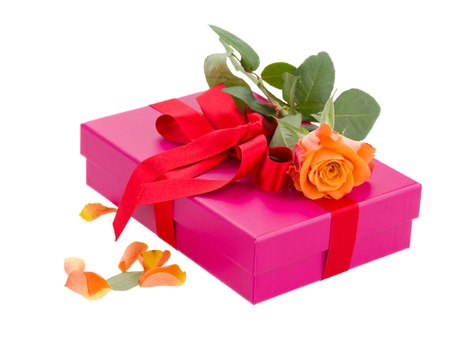 single rose on  gift box  isolated on white backgroundの写真素材