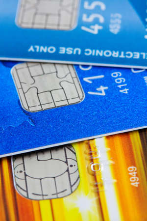 electronic chips on credit cards close up 