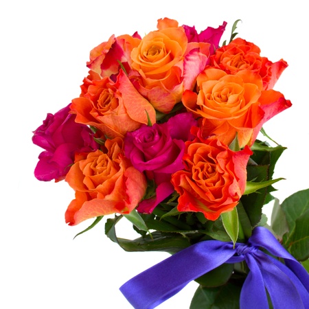 bouquet of pink and orange roses isolated on white backgroundの写真素材