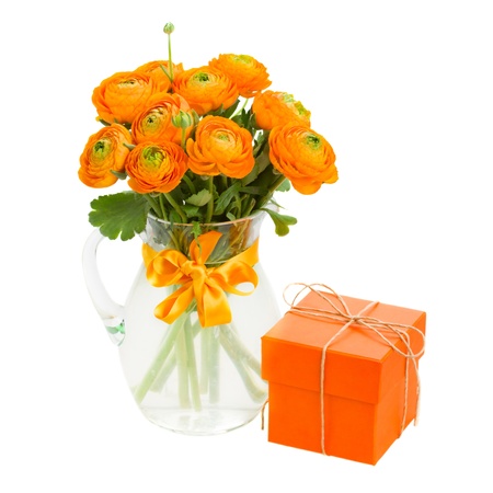 bouquet of orange  ranunculus and gift box isolated on white backgroundの写真素材