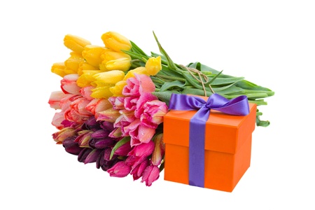 fresh tulip flowers with orange present box  isolated on white backgroundの写真素材