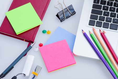 Set of office supply with laptop on a tableの写真素材