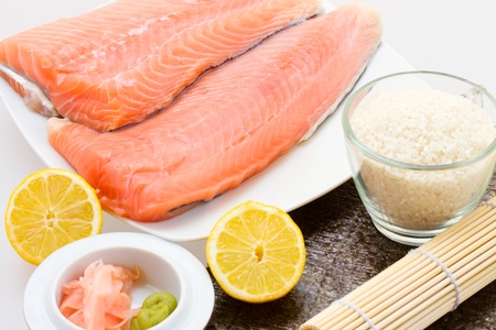 raw salmon Salmon filet with other sushi ingredientsの写真素材