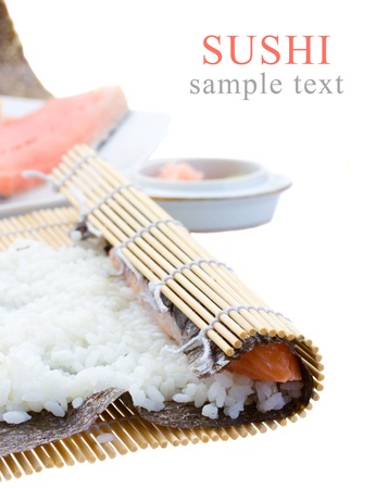 rice and raw salmon Salmon  for sushi rollsの写真素材