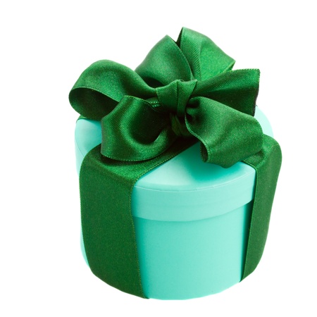 green gift box with  bow isolated on white backgroundの写真素材