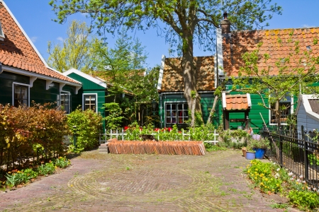 rural dutch scenery of small old town square,  Zaandijk, Netherlandsの写真素材