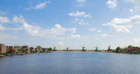panoramic view of dutch windmills in Zaanse Schans, Hollandの写真素材