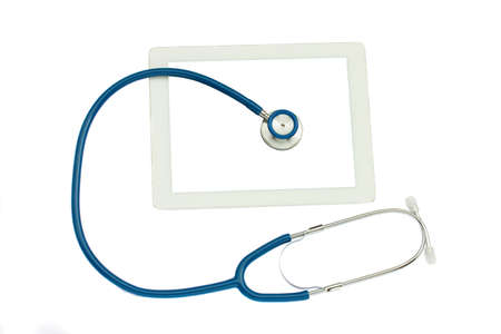 medical tablet and blue stethoscope isolated on white backgroundの写真素材