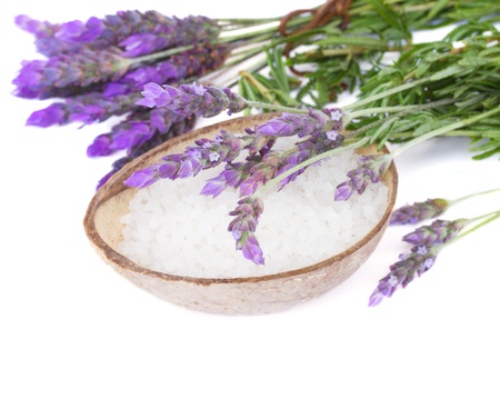 Lavender  flowers and aromatic sea salt isolated on white backgroundの写真素材