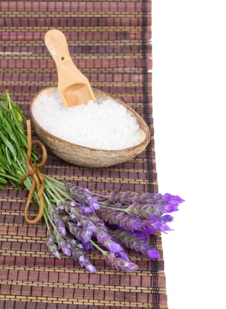 Fresh lavender spa  set - fresh flowers and aromatic salt on a tableの写真素材