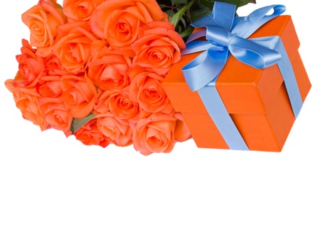 orange roses  with present  box  isolated on white backgroundの写真素材