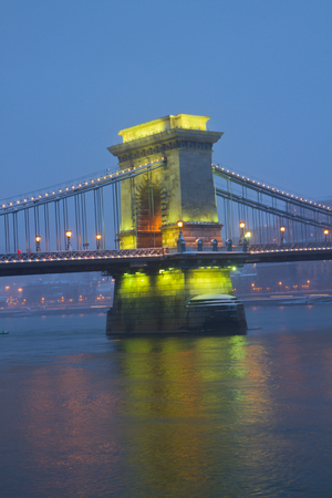 Chain Bridge (Szechenyi lanchid) pillar at night, Budapest, Hungaryの写真素材