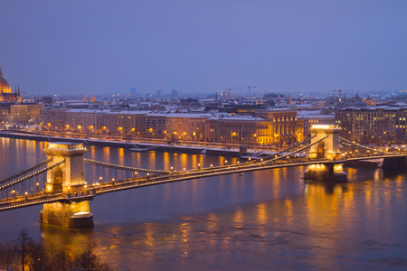 Chain Bridge  Szechenyi lanchid  and Danube river at night from above, Budapest, Hungaryの写真素材