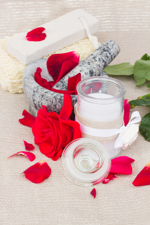 spa settings with red rose flowers ans bath accessoriesの写真素材