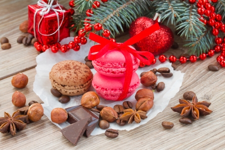 strawberry and chocolate macaroons  christmas tree and decorationsの写真素材