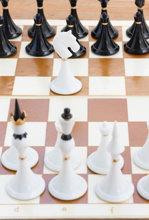 single white knight  in front of black chessの写真素材
