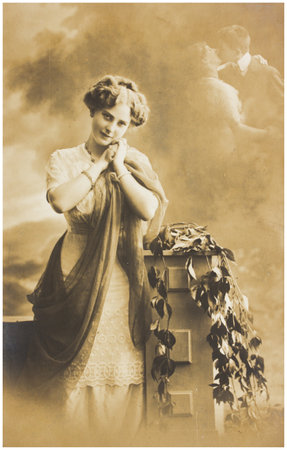 POLAND, WARSAW - CIRCA 1912 : old photo  of young woman dreaming of kissing. Illustrative Image,...