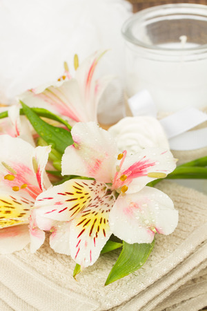 close up of alstroemeria flower with spa accessoriesの写真素材