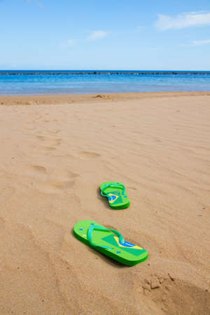 green  sandals left on the path to the water on sandy beachの写真素材