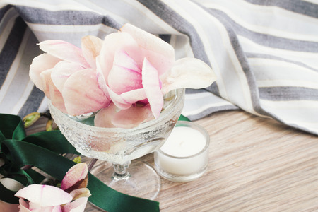 fresh magnolia flowers in vase on wooden tableの写真素材